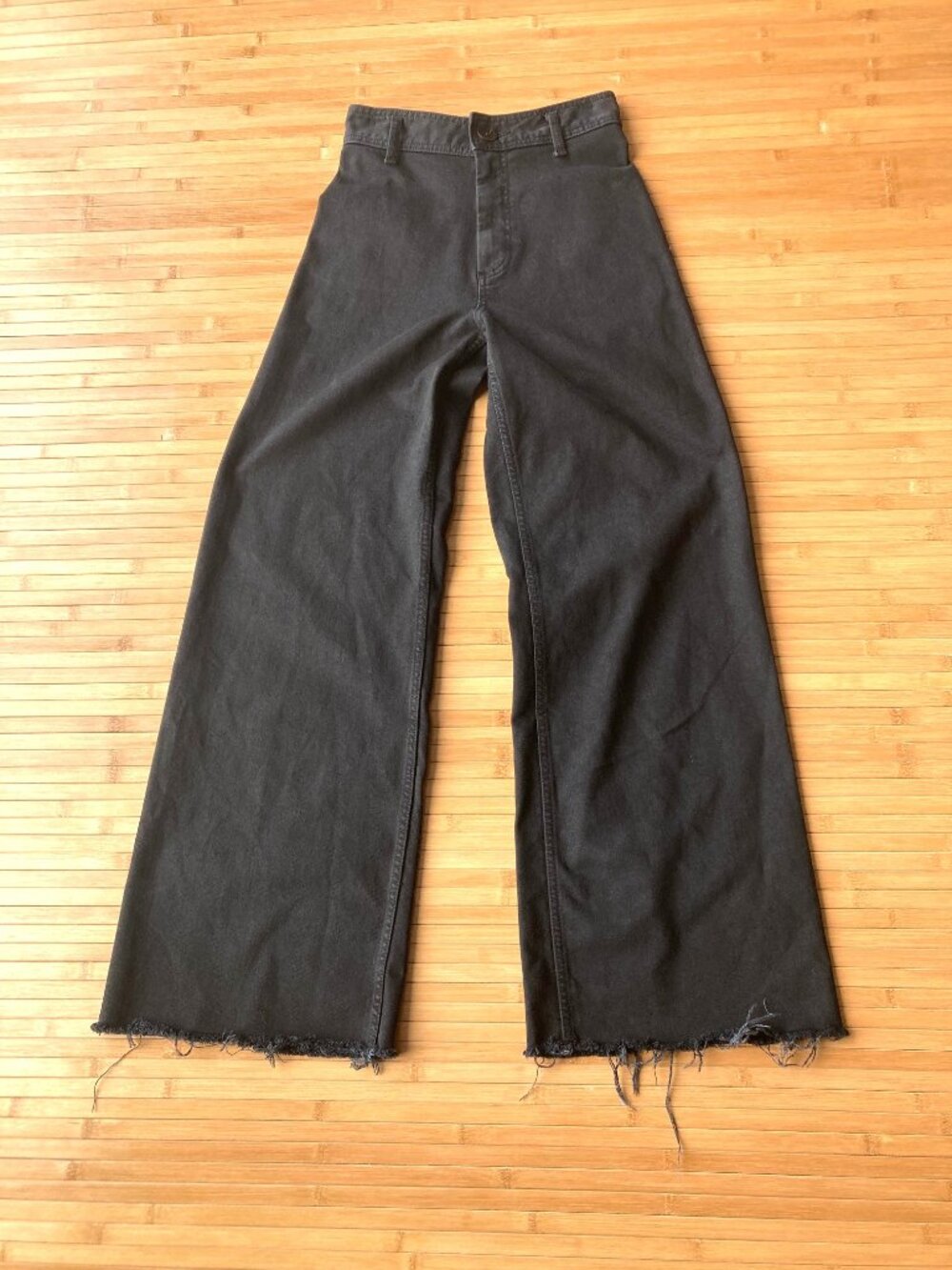 Zara The Marine Straight Wide Leg Jeans High Rise Frayed Hem Womens 2 Black